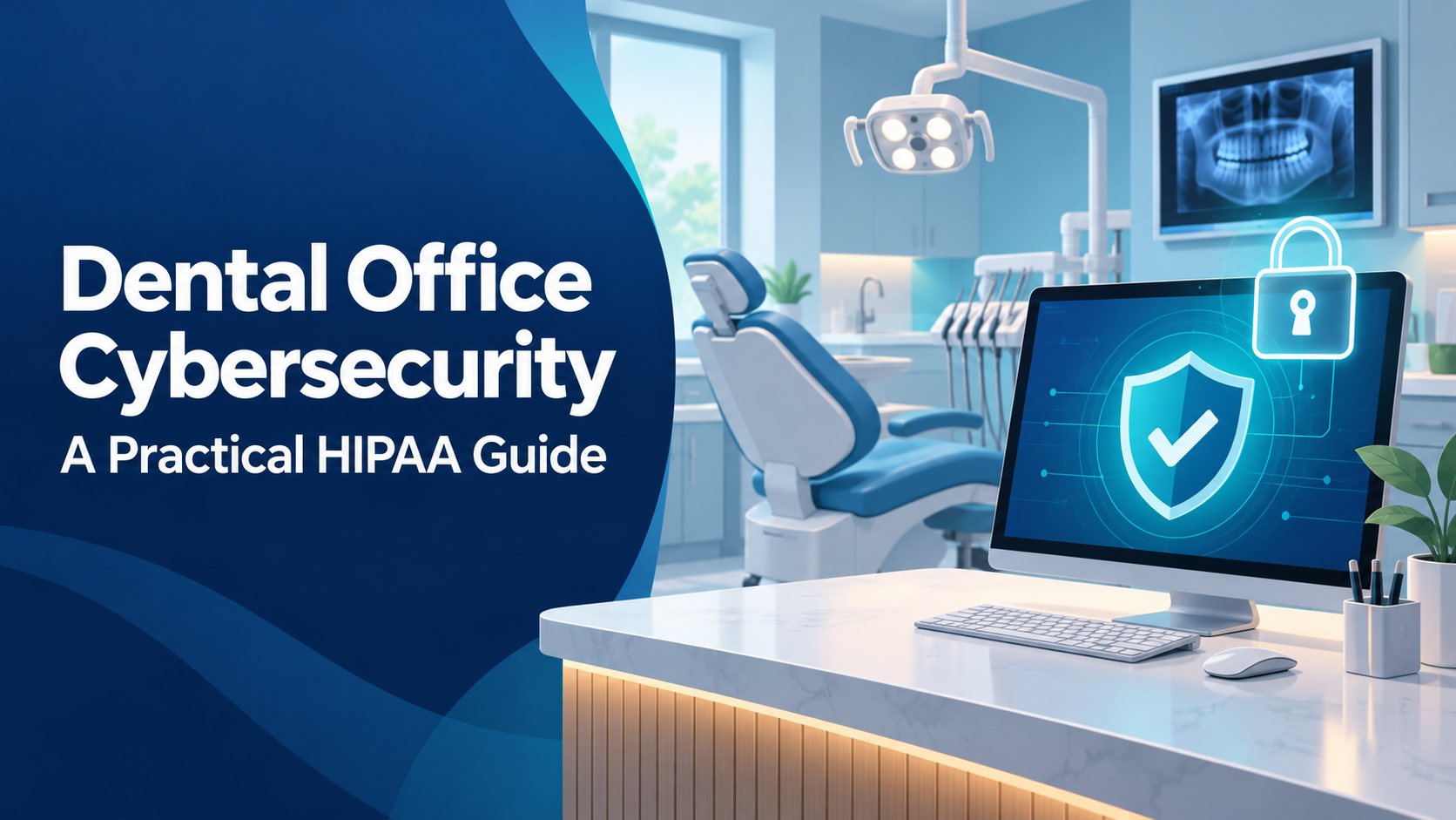 Dental Office Cybersecurity: A Practical HIPAA Guide, shown over a dental operatory with a protected computer and an X-ray on screen