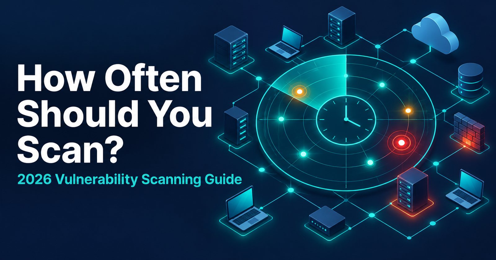 How Often Should You Scan? 2026 Vulnerability Scanning Guide: a radar sweep over a network of servers, laptops, cloud and firewall assets